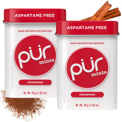 PUR Mints Cinnamon tin front with a two-tin pack for travel and on-the-go fresh breath.