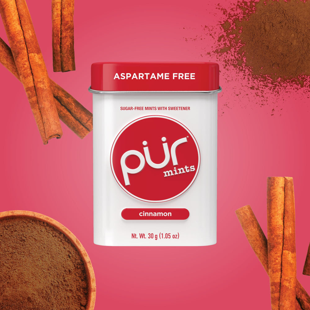 PUR Mints Cinnamon two-tins pack displayed for extended supply at home or office.