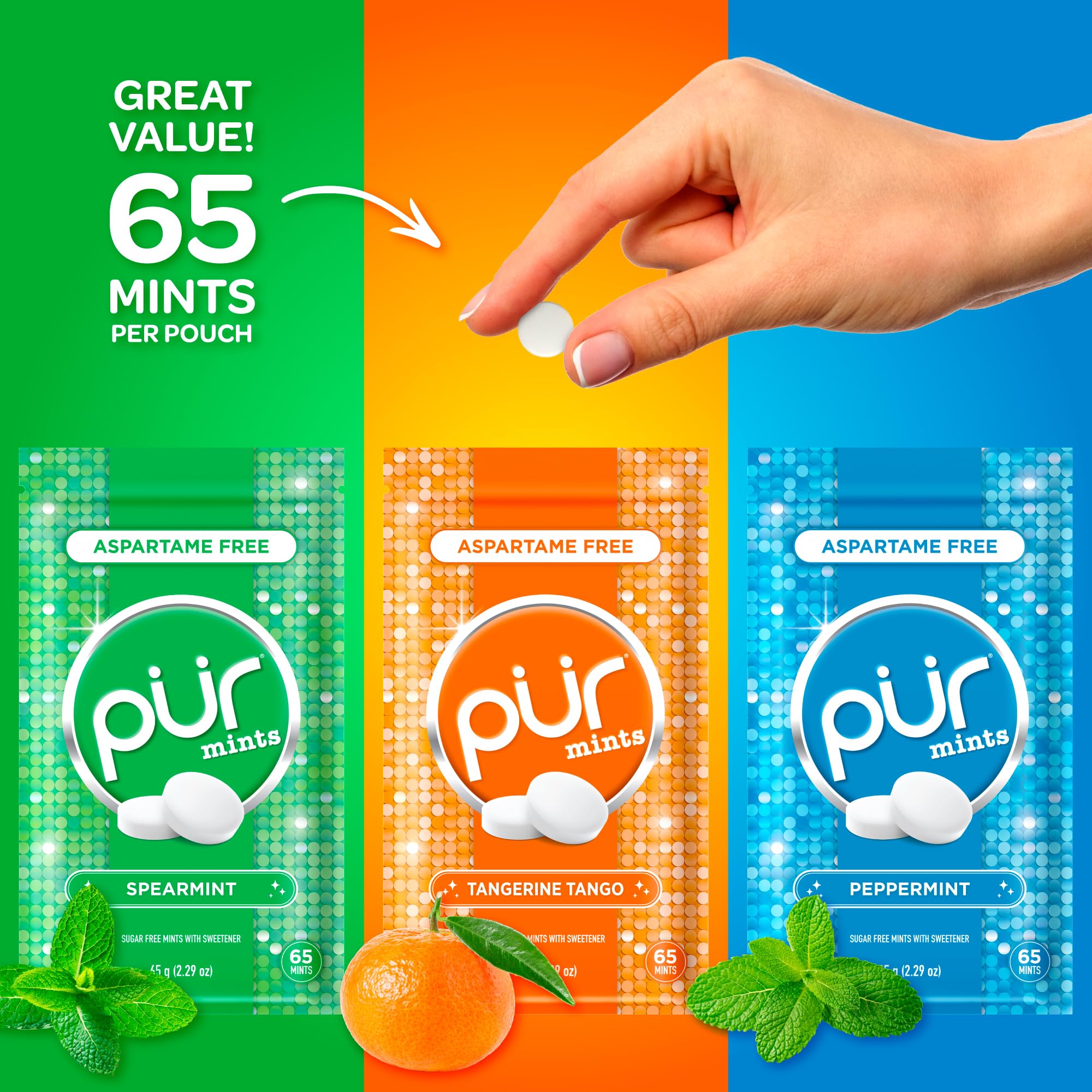 PUR Mints close-up with natural flavors for clean taste.