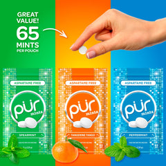 PUR Mints close-up with natural flavors for clean taste.