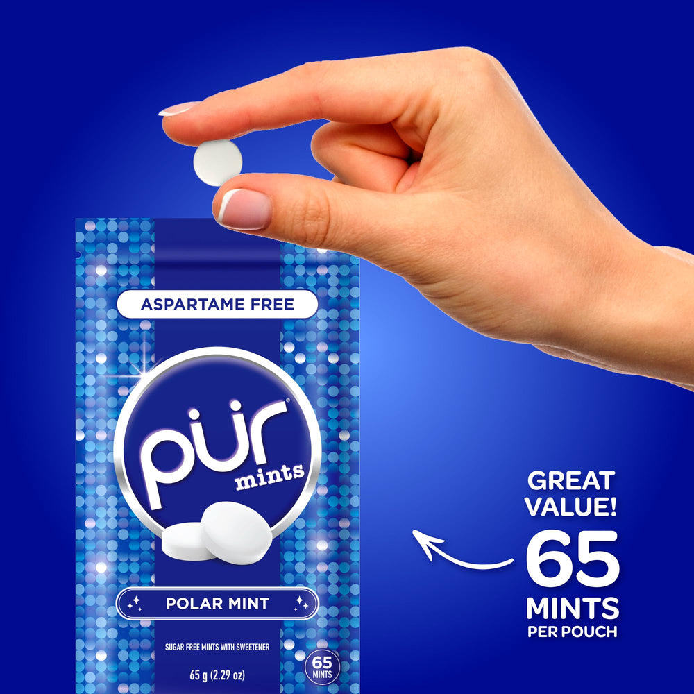 PUR Mints ingredients label featuring natural flavors and xylitol