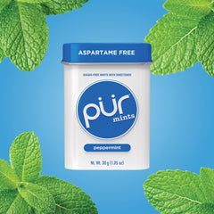 PUR Mints ingredients label highlights xylitol and allergen-free formulation.