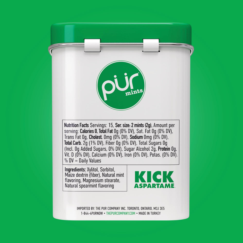 PUR Mints pack of 2 tins shows a convenient sugar-free mint supply.