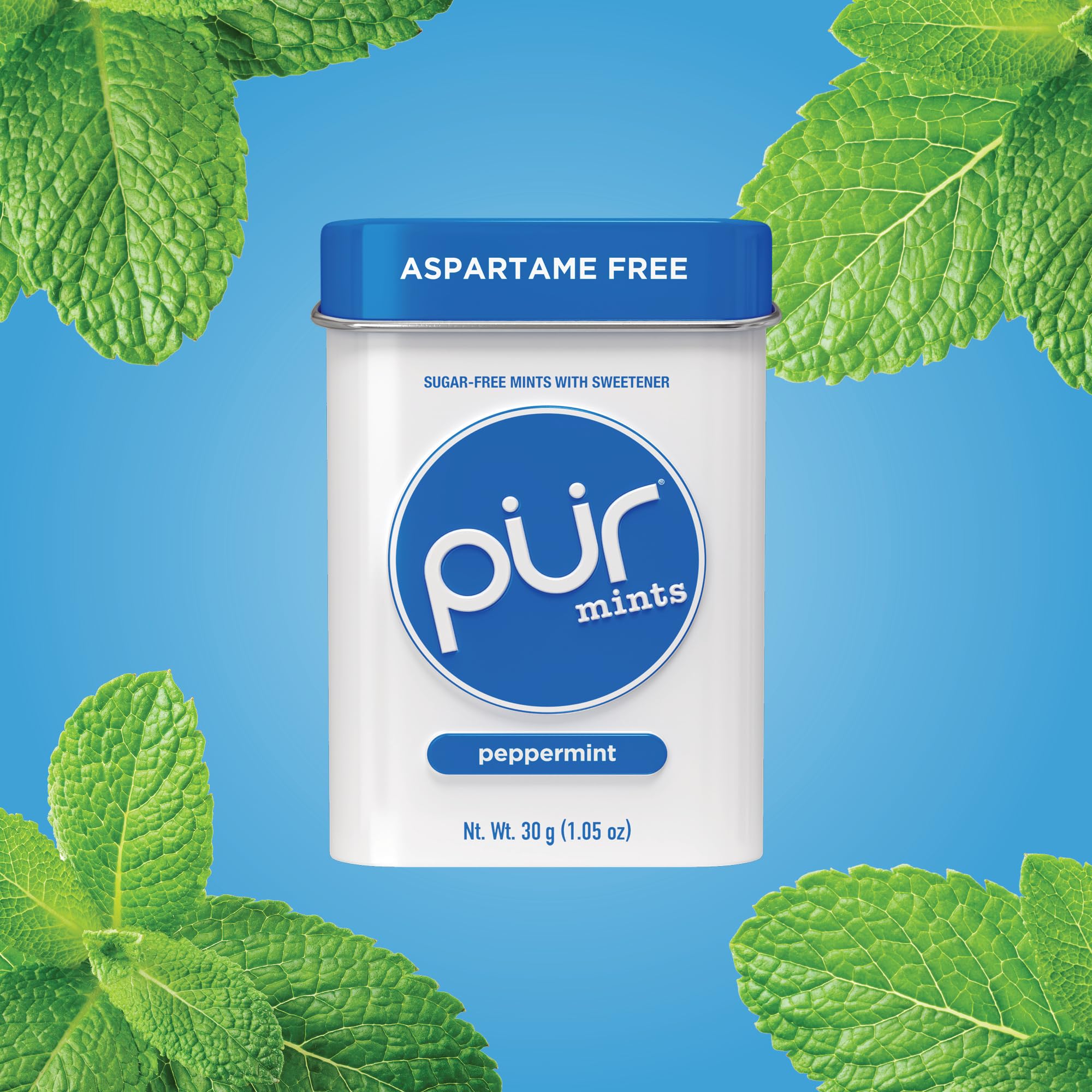 Close-up of PUR Mints tin shows vegan and gluten-free credentials.