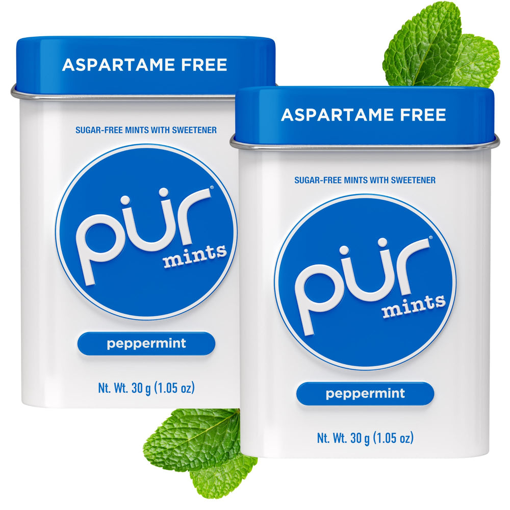 PUR Mints peppermint tin 2-pack offers refreshing, sugar-free breath protection.