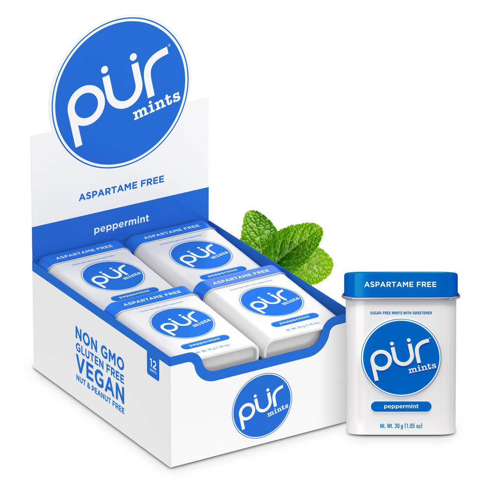 PUR Mints peppermint tin front view for on-the-go breath refreshment.