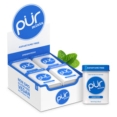 PUR Mints peppermint tin front view for on-the-go breath refreshment.