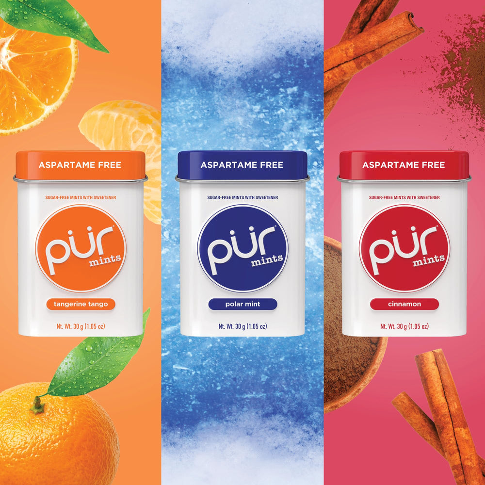 PUR Mints Polar Mint tin offering an icy mint rush for brisk breath.