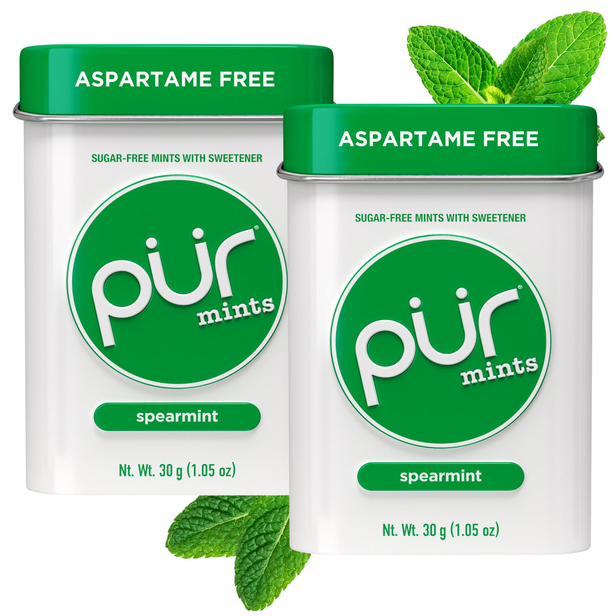 PUR Mints spearmint tin with 30 pieces for fresh breath on the go.