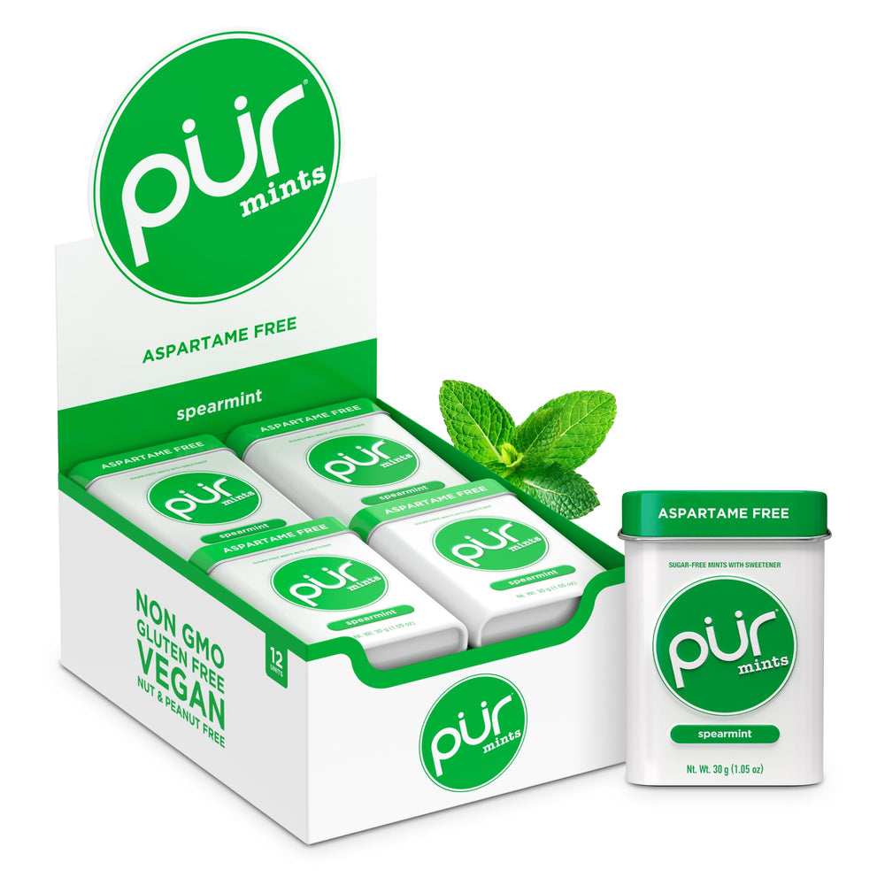 PUR Mints spearmint tin front view for a refreshing breath boost