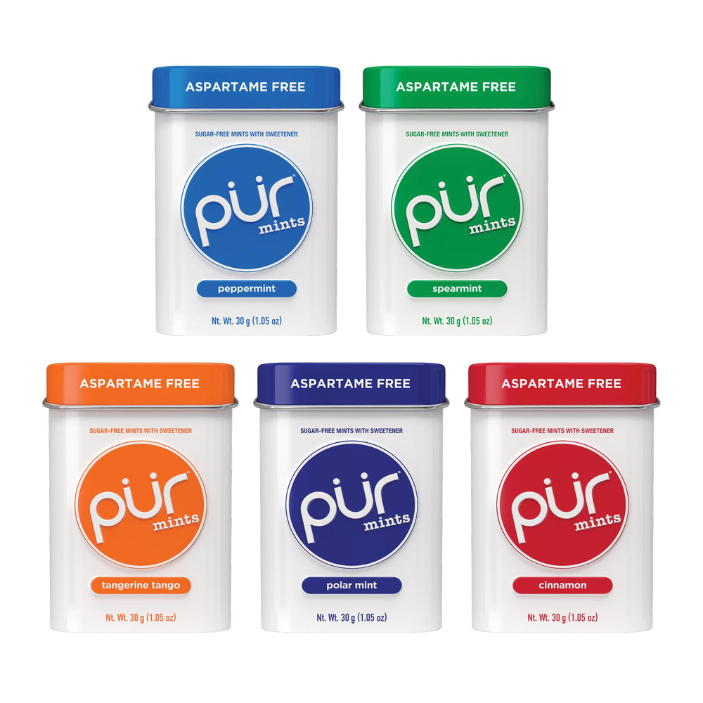 PUR Mints spearmint tin with refreshing flavor and xylitol sweetness for fresh breath.