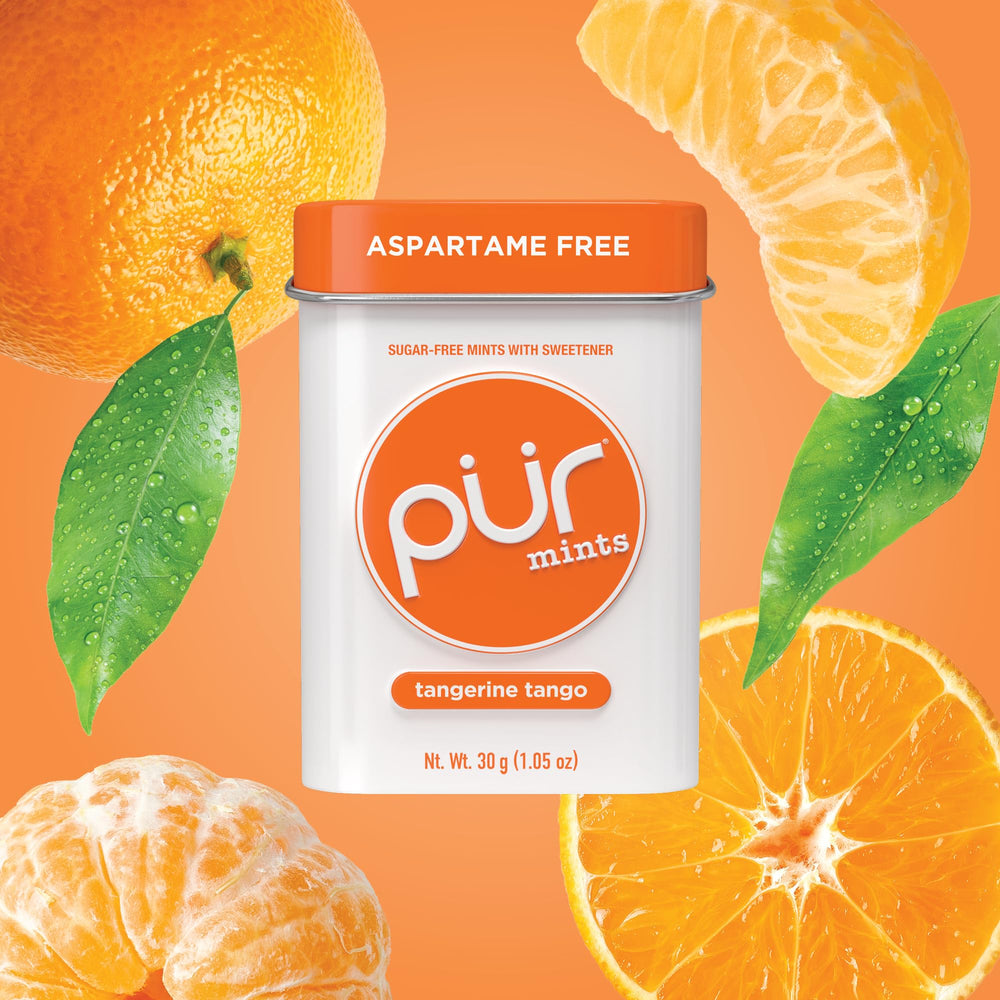 Packaging for PUR Mints Tangerine Tango highlighting vegan gluten-free features.