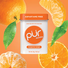 Packaging for PUR Mints Tangerine Tango highlighting vegan gluten-free features.