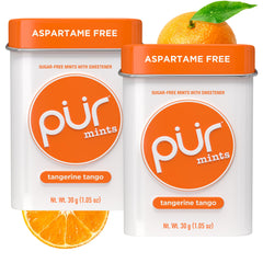 PUR Mints Tangerine Tango tin front with tangy sugar-free bite.