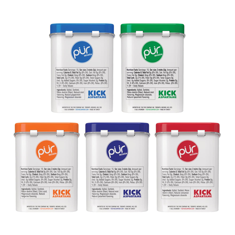 PUR Mints travel-friendly tins ideal for on-the-go fresh breath.