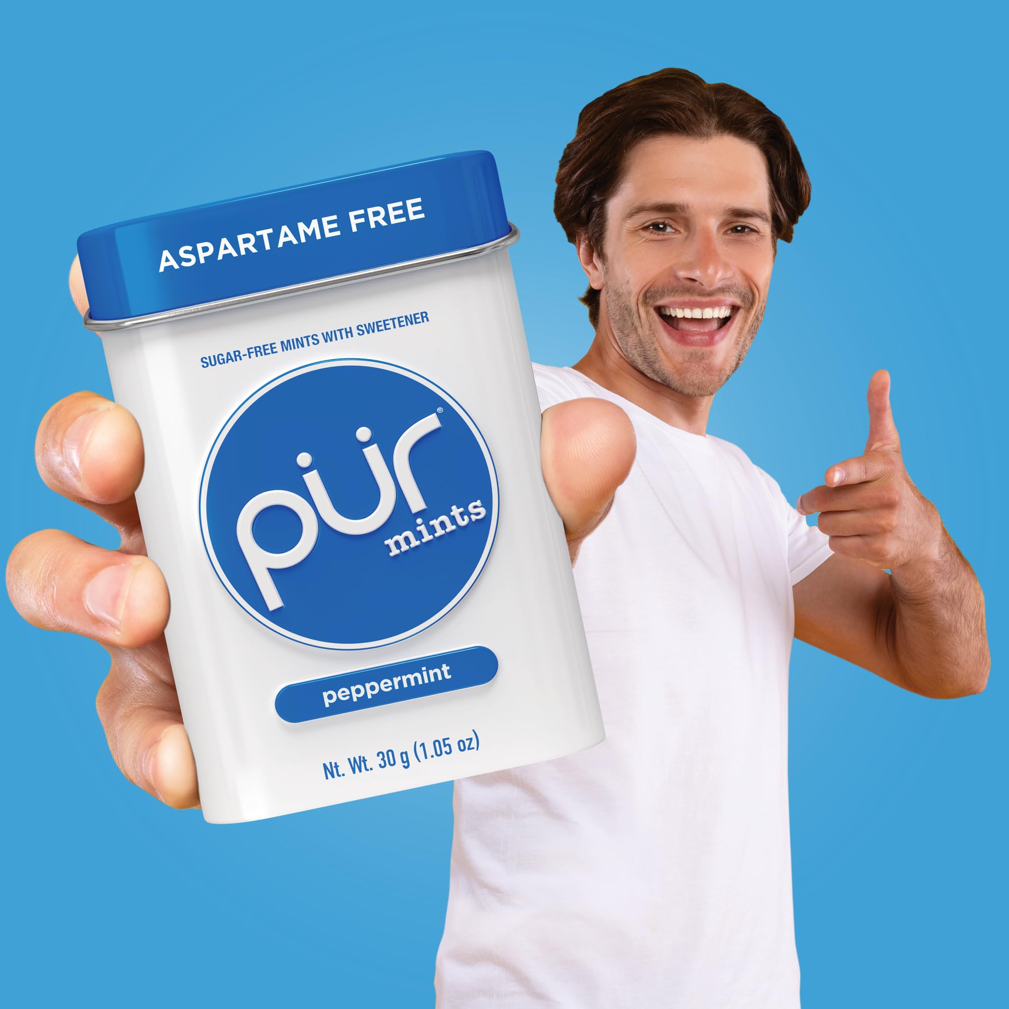 PUR Mints vegan and gluten-free icon on packaging communicates allergen-conscious choice.