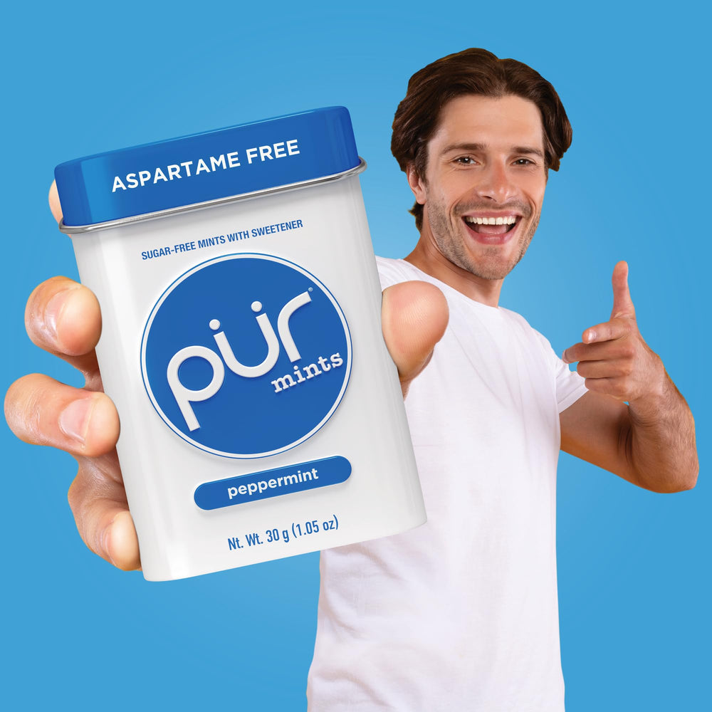 PUR Mints vegan and gluten-free icon on packaging communicates allergen-conscious choice.