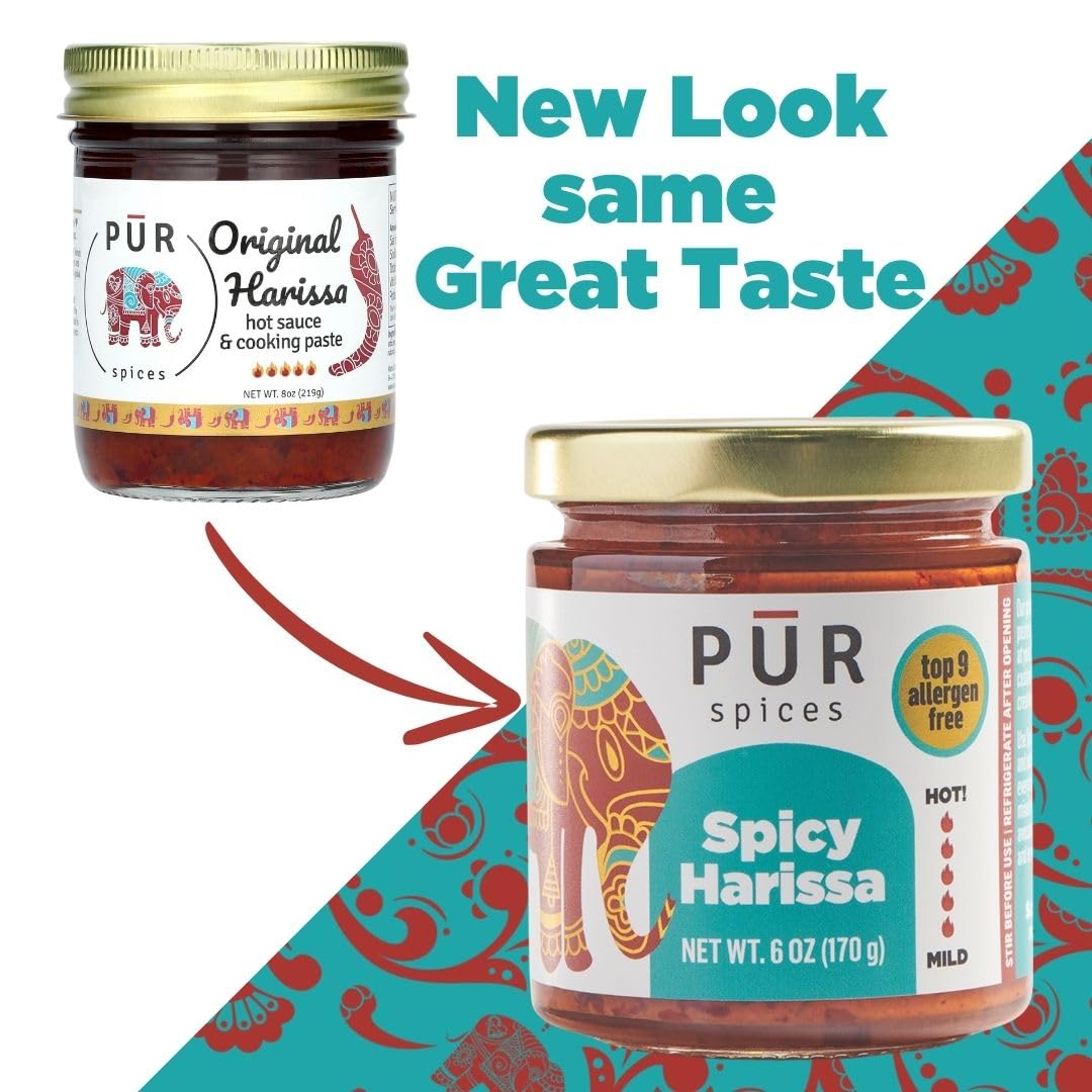 Original harissa bottle by PUR Spices on kitchen counter.