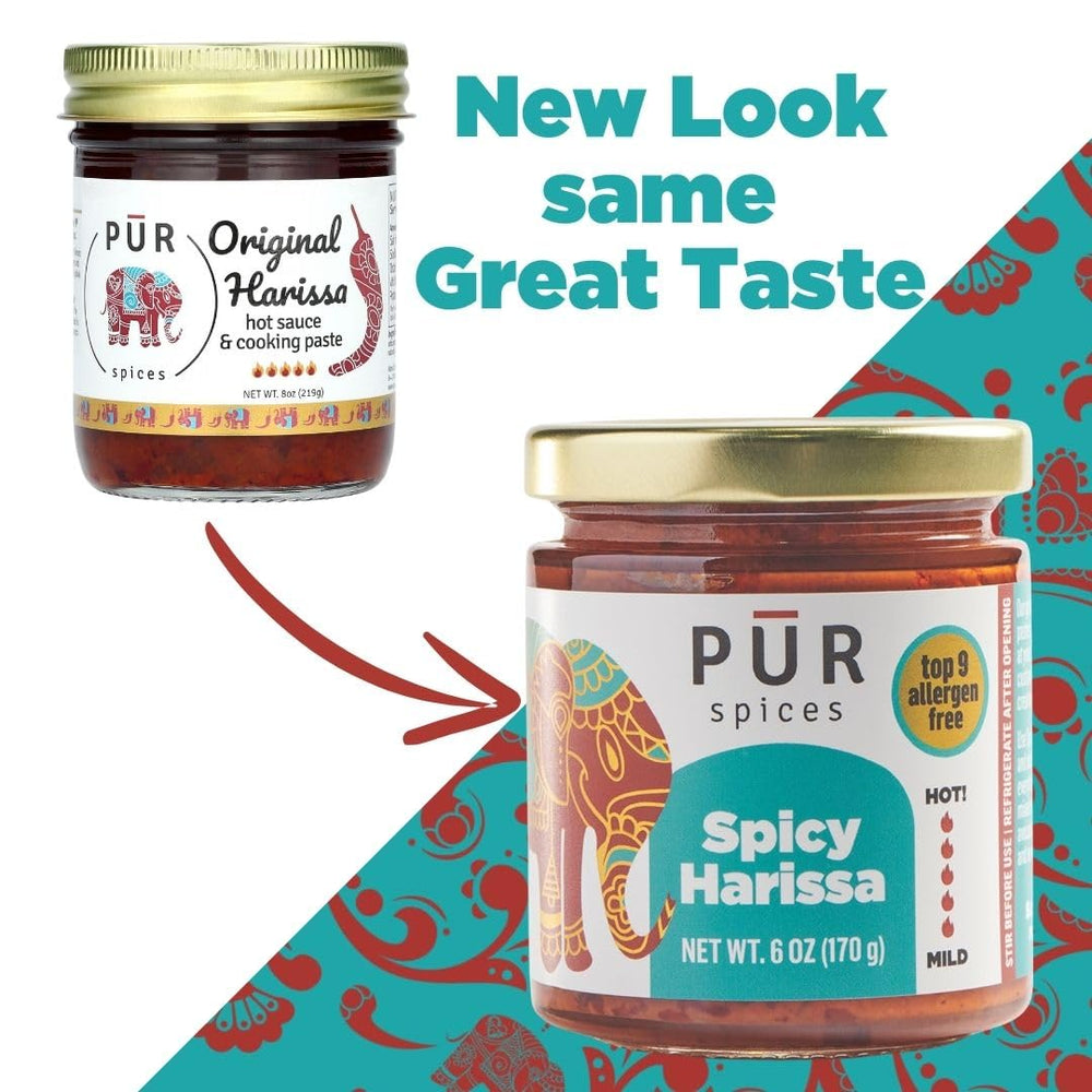 Original harissa bottle by PUR Spices on kitchen counter.