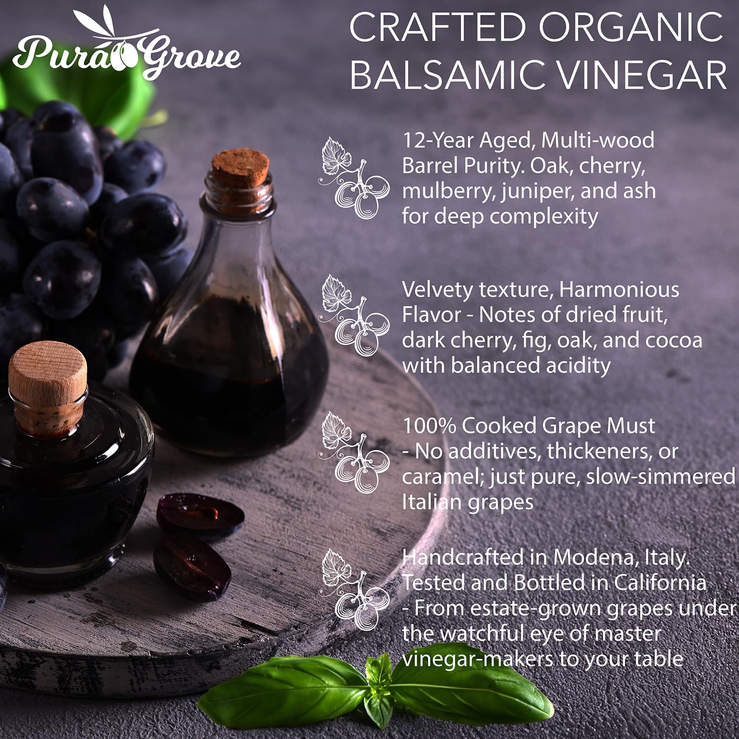PURA GROVE balsamic barrel-aging scene highlights rich color and depth in recipes.