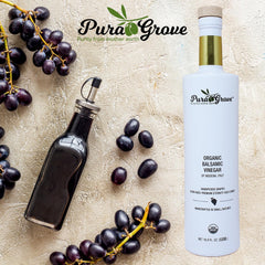PURA GROVE balsamic bottle cap emphasizes premium design for kitchen display and gifting.