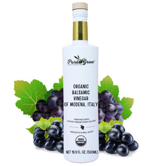 PURA GROVE balsamic bottle front view highlighting artisanal, aged flavor for dressings and glazes.