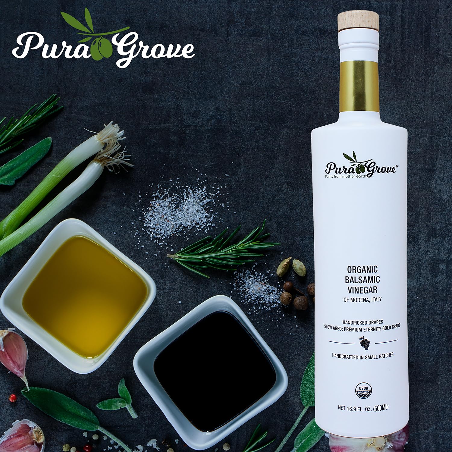 PURA GROVE balsamic bottle label highlights organic heritage and premium quality for salads.