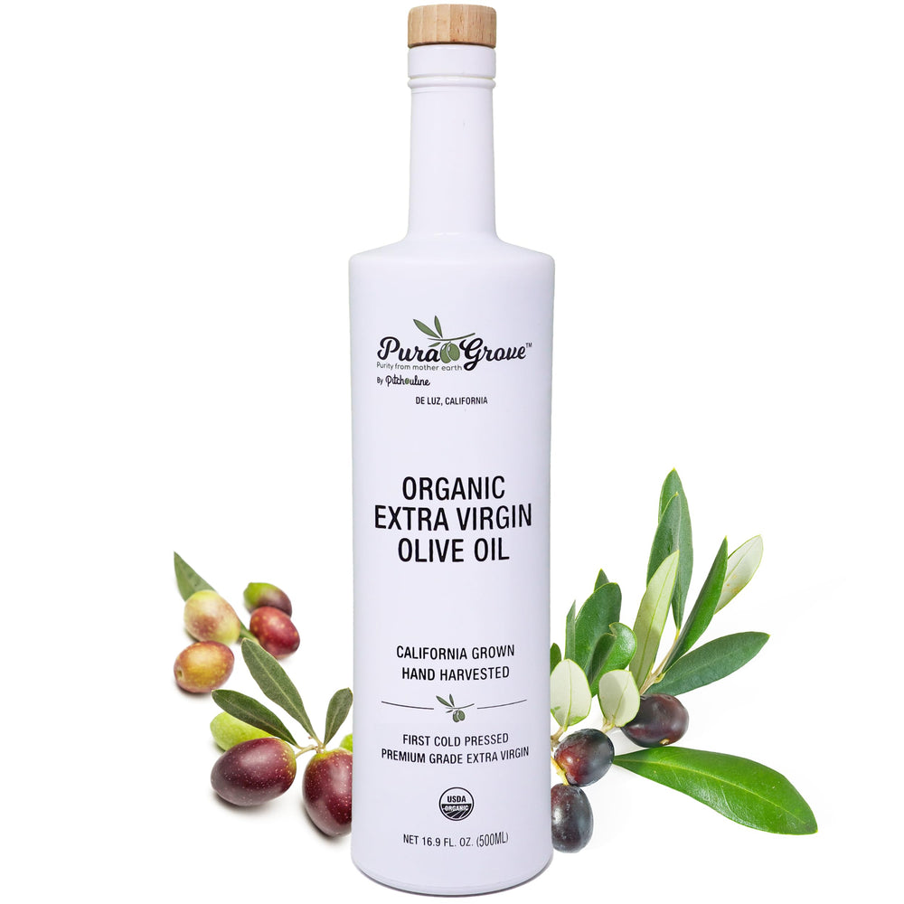 Pura Grove olive oil bottle highlighting premium polyphenol oil for gourmet cooking