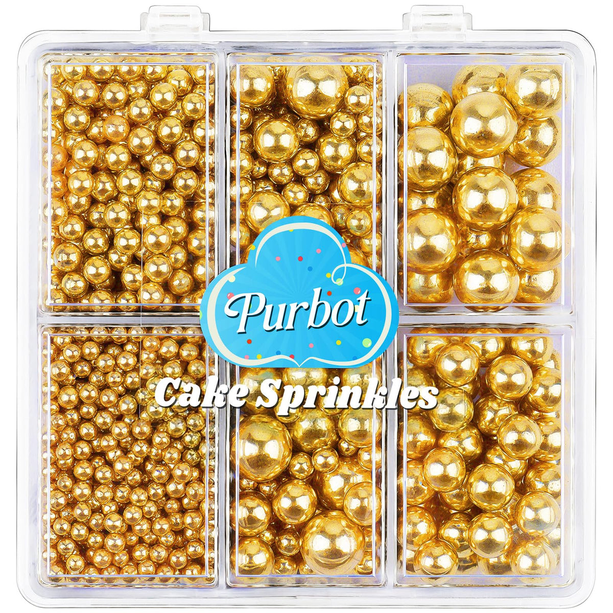 PURBOT Gold Pearl Sprinkles collection box keeps sizes organized for precise decorating.