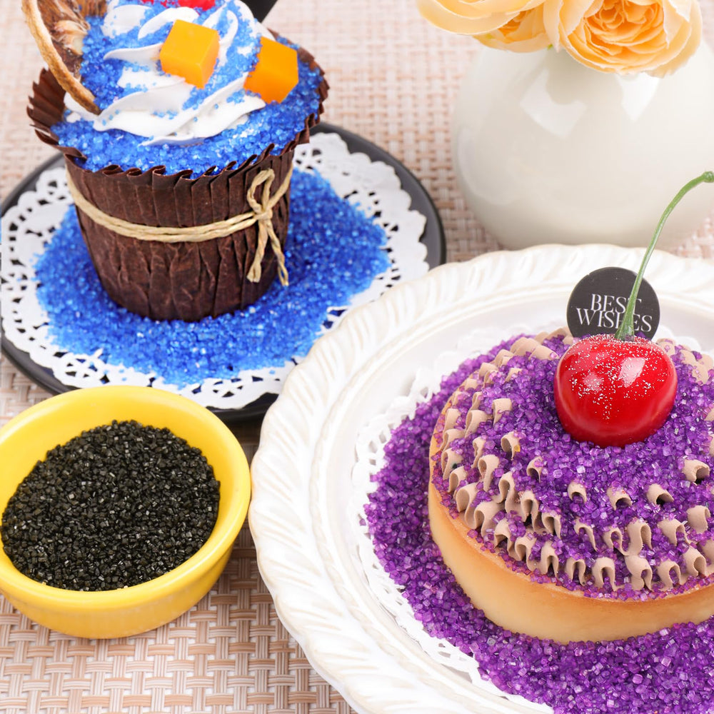 Purbot close-up shows sparkling crystals enhancing dessert presentation.