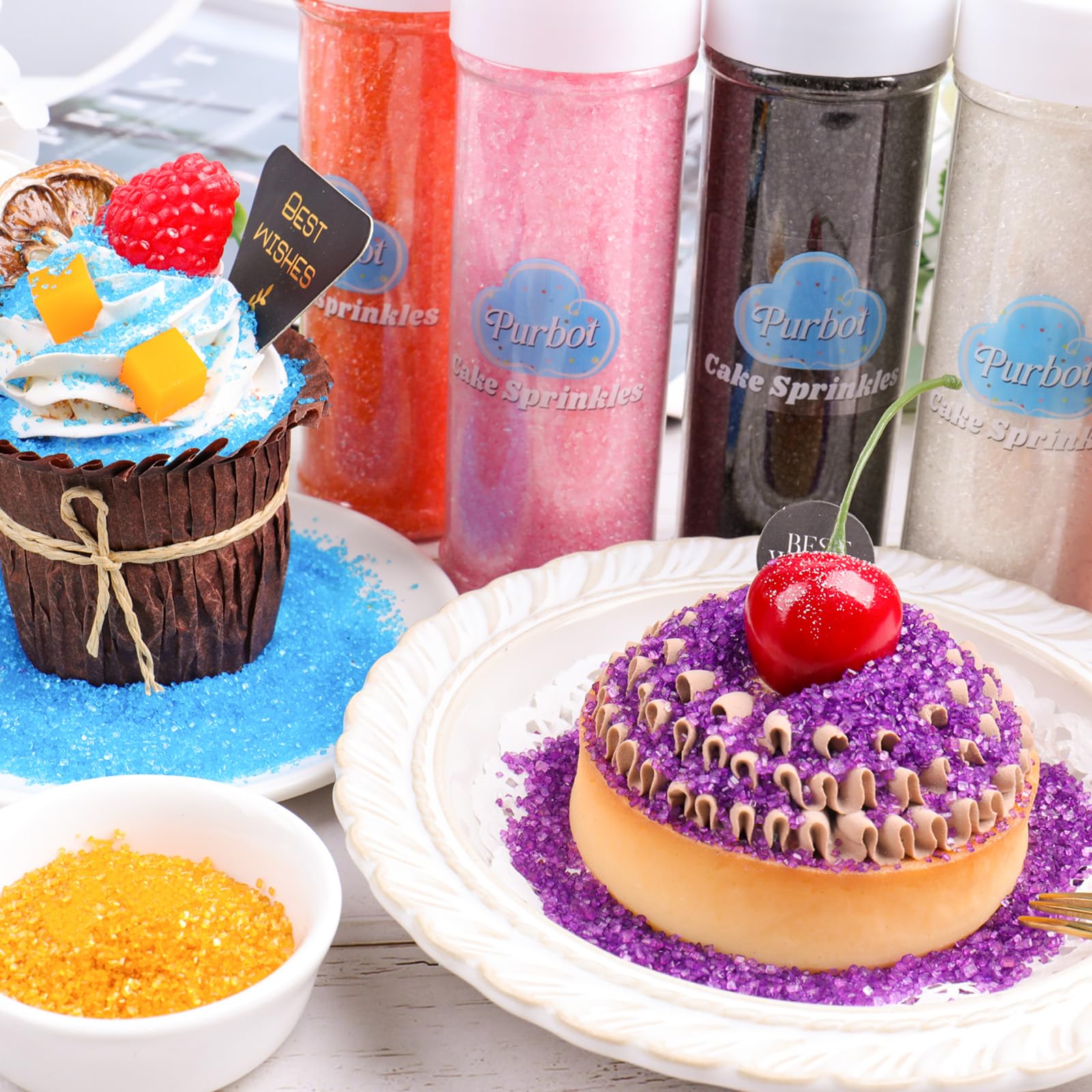 Purbot green sanding sugar on cupcakes boosts color and appeal.