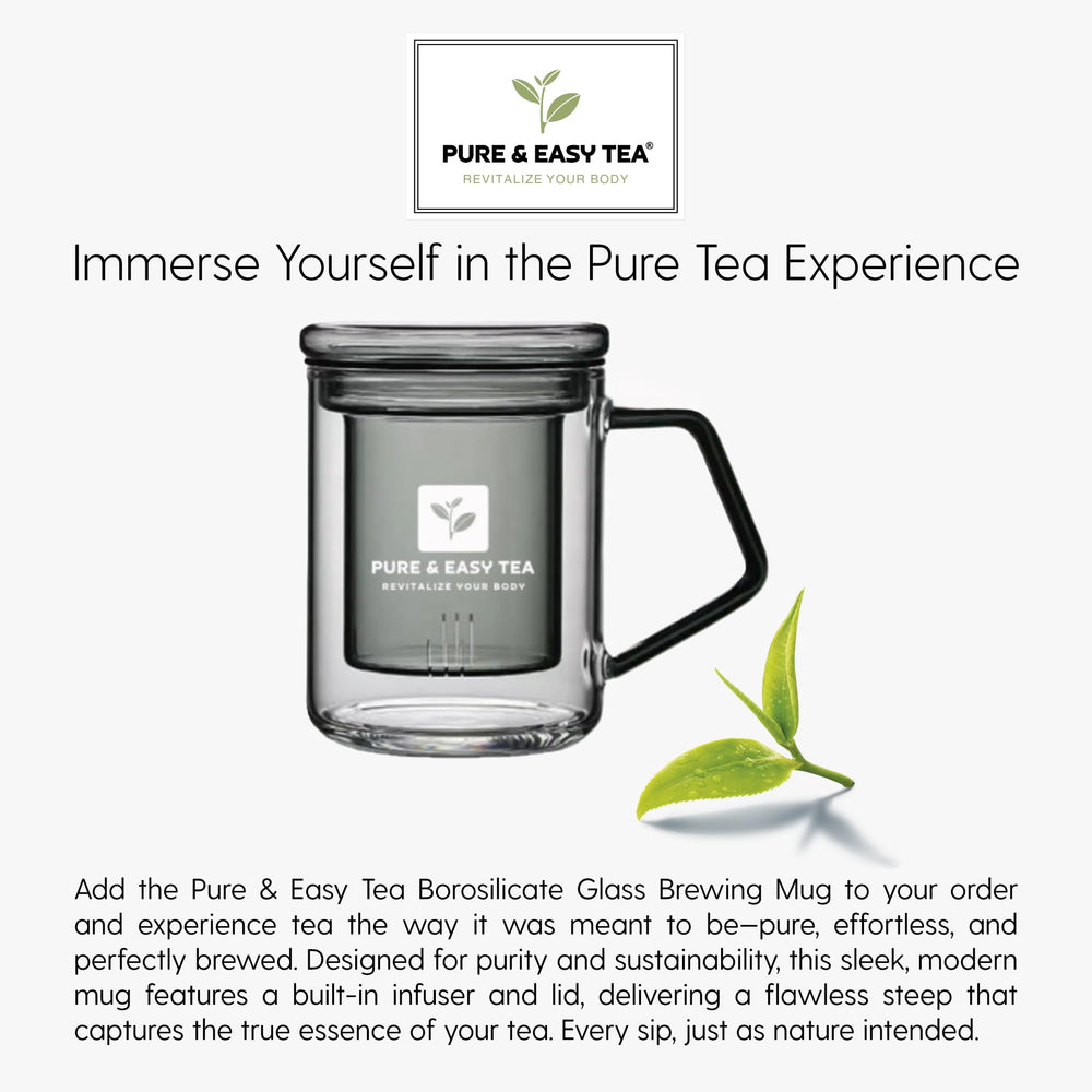 Pure And Easy Tea Nighttime Nirvana glass mug on display highlights premium blend
