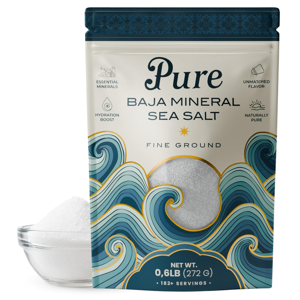 Pure Baja Mineral Sea Salt bottle closeup showing natural crystals for flavor