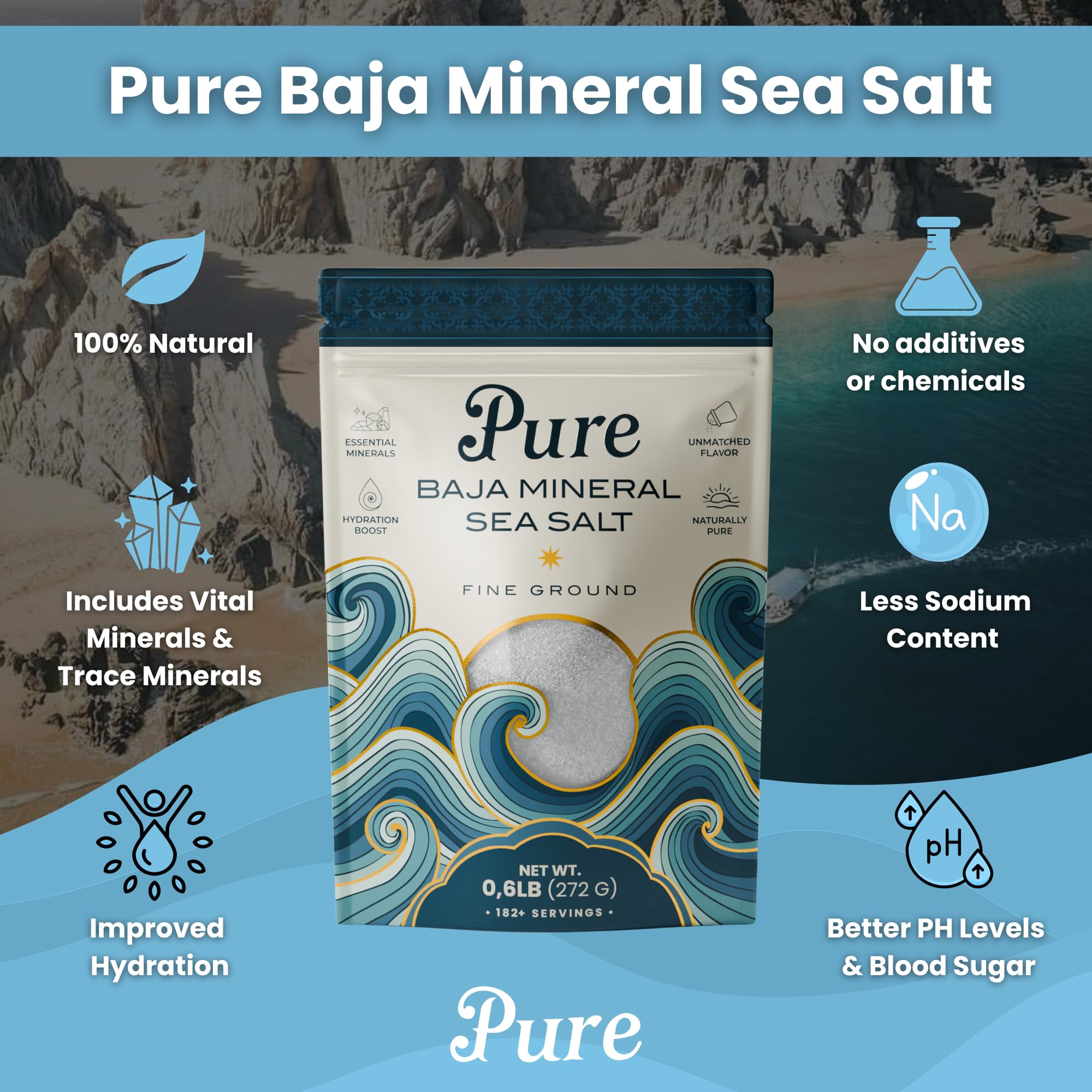 Pure Baja Mineral Sea Salt hand harvest scene emphasizing artisanal quality