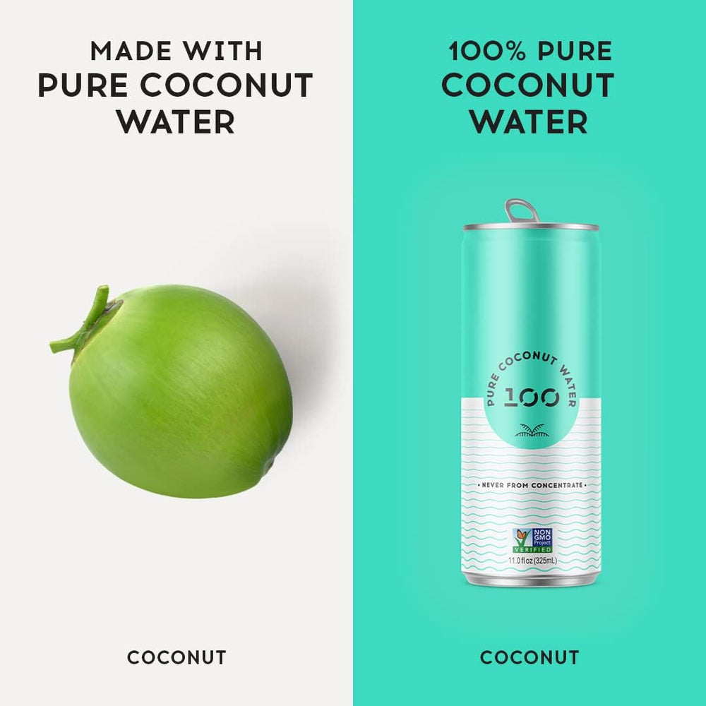 Pure Coconut Water 100 aluminum can packaging highlights recyclability and eco-friendliness.