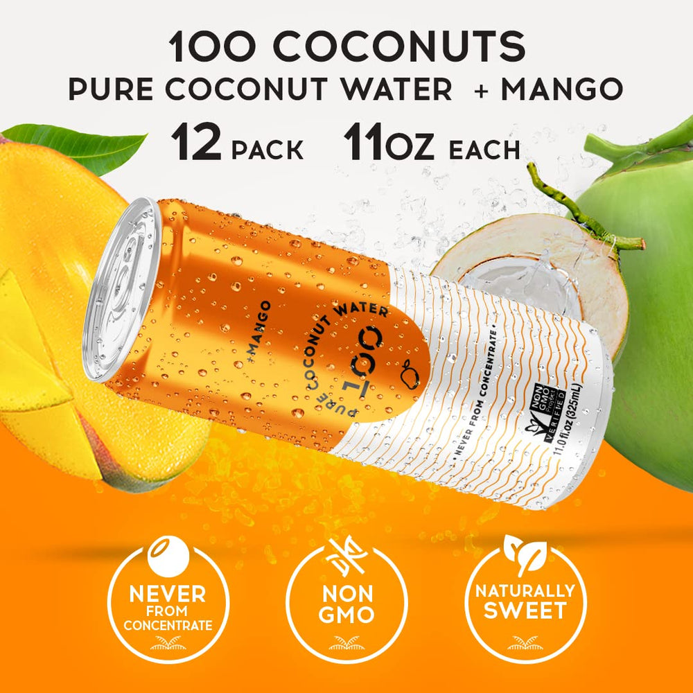 Pure Coconut Water 100 can on ice highlighting convenient hydration.