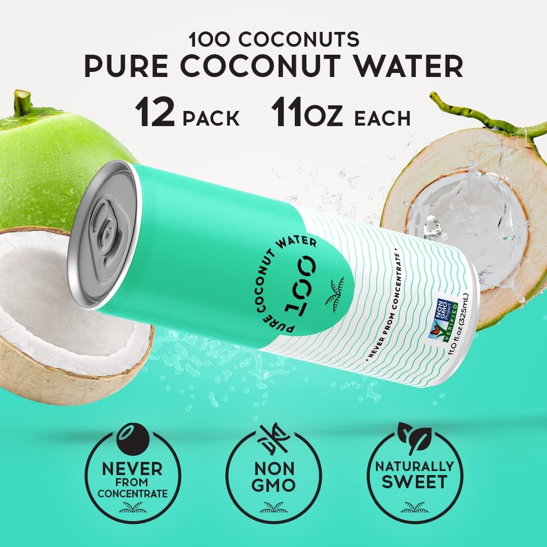 Pure Coconut Water 100 glass with ice shows a chilled, refreshing sip.