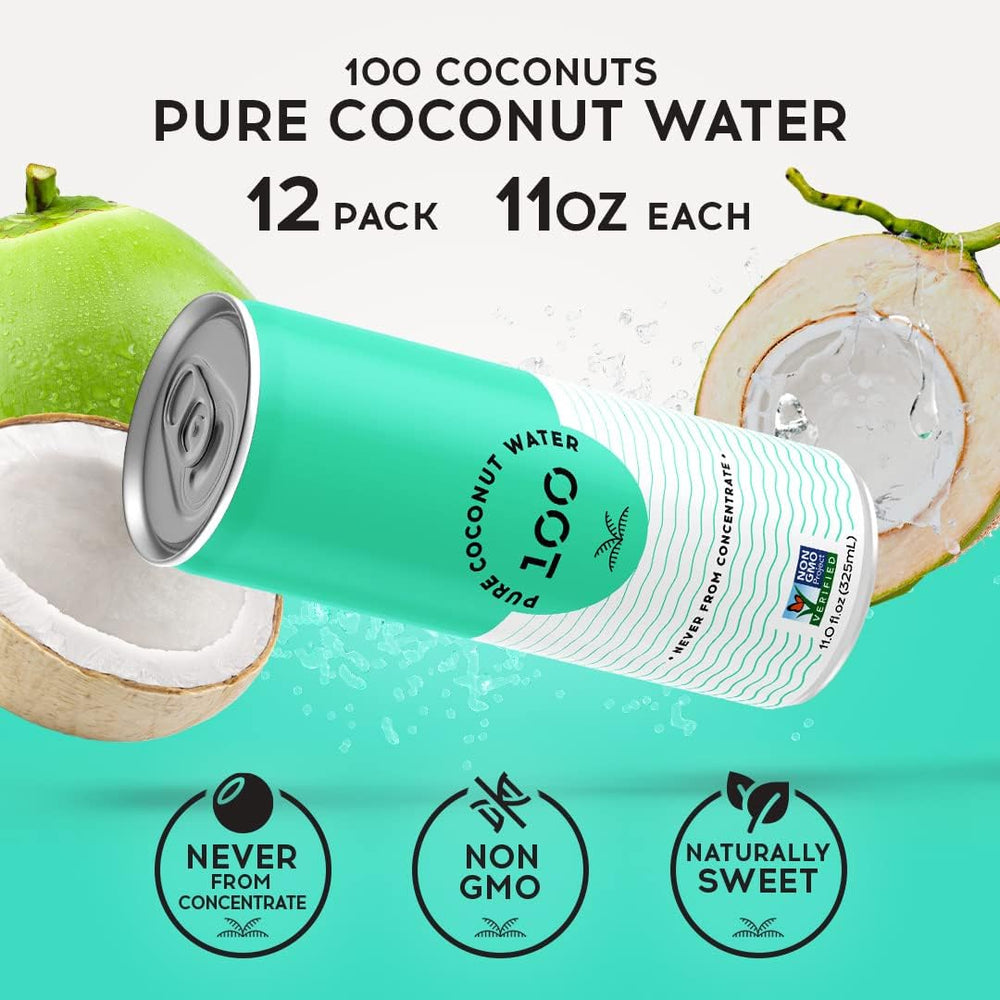 Pure Coconut Water 100 glass with ice shows a chilled, refreshing sip.