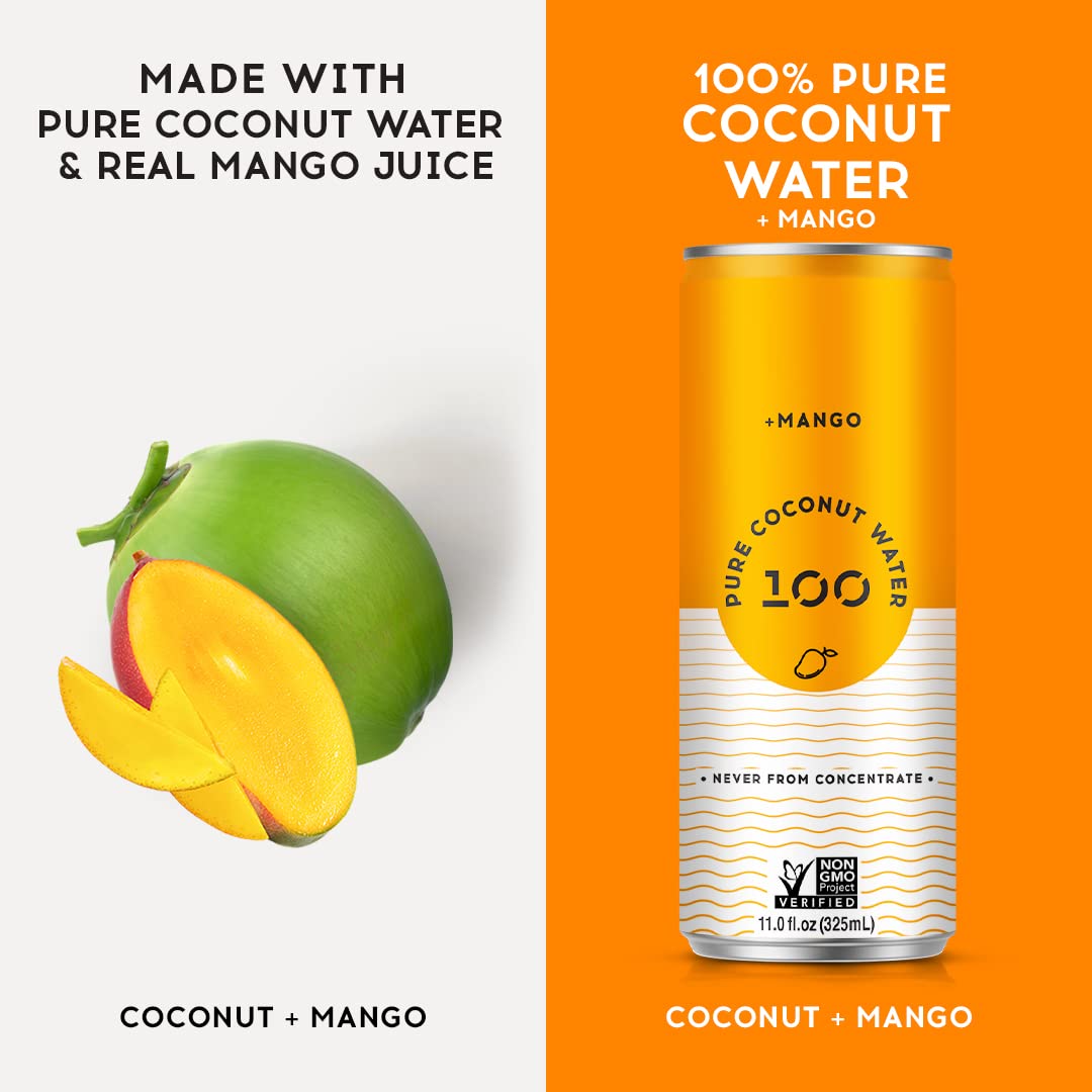 Pure Coconut Water 100 Mango splash emphasizing vibrant flavor and nutrients.