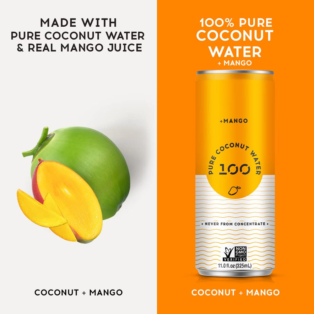 Pure Coconut Water 100 Mango splash emphasizing vibrant flavor and nutrients.
