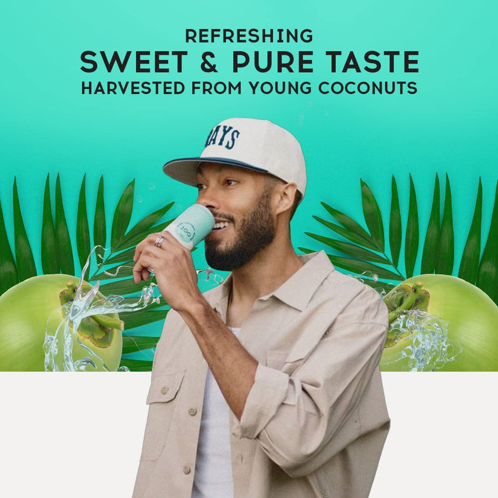 Pure Coconut Water 100 no added sugar label emphasizes natural sweetness.