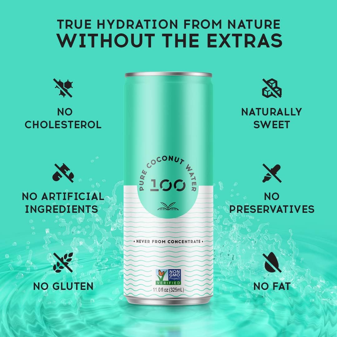 Pure Coconut Water 100 pour into glass demonstrating crisp refreshment.