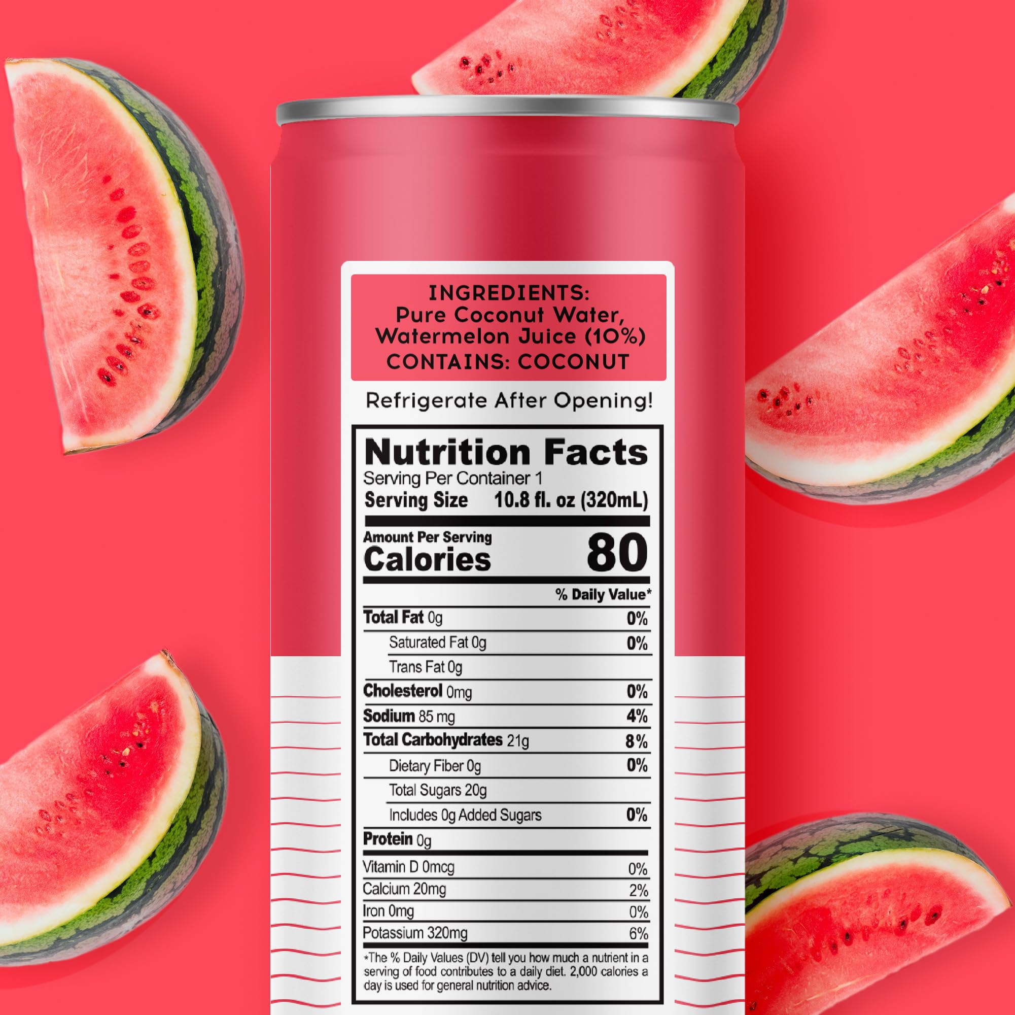 Pure Coconut Water 100 Watermelon bottle back with ingredient info and non GMO details