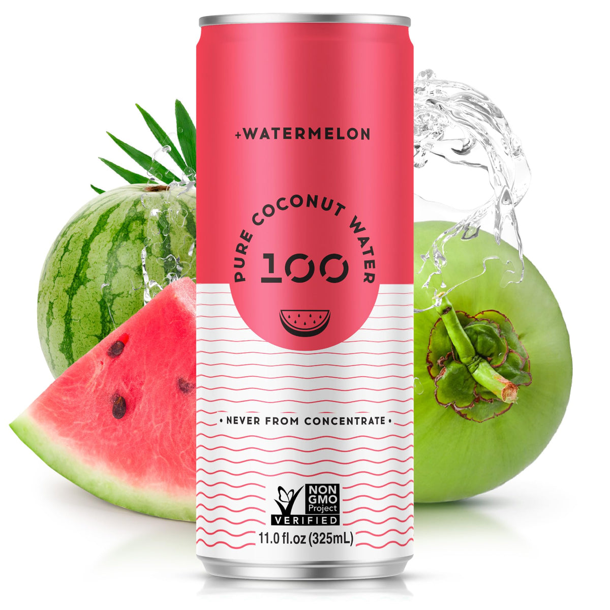 Pure Coconut Water 100 Watermelon bottle front for refreshing hydration on the go