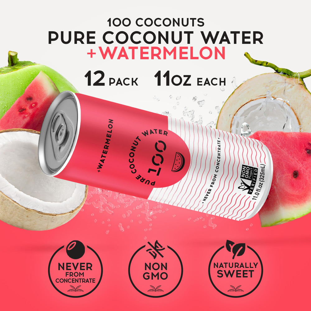 Pure Coconut Water 100 Watermelon bottle top label highlights purity of the product