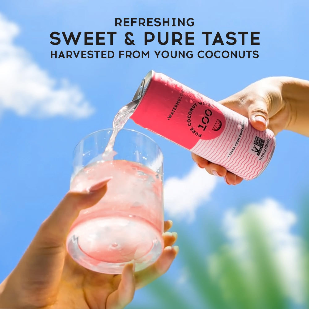 Pure Coconut Water 100 Watermelon close up of clear tropical liquid