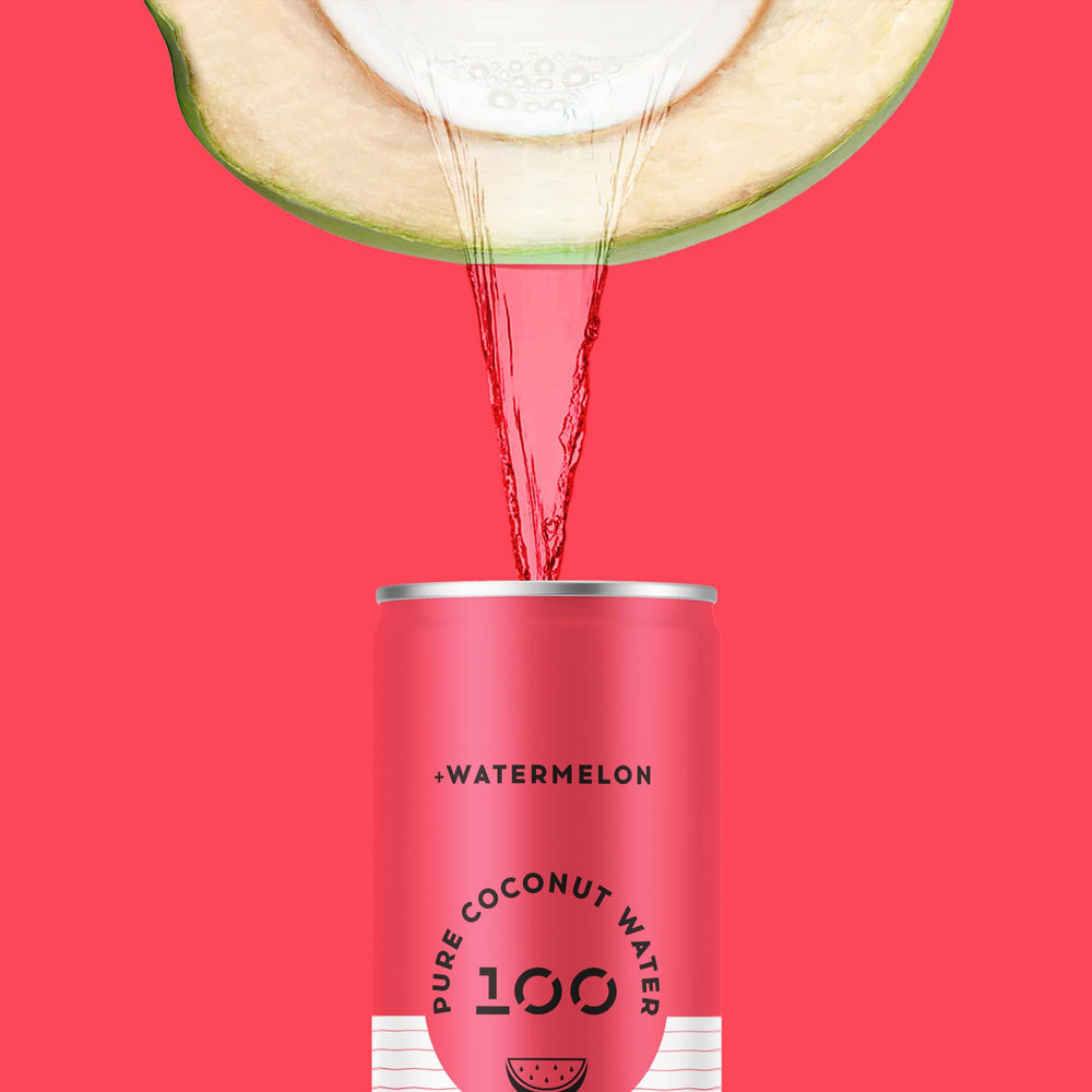 Pure Coconut Water 100 Watermelon serving idea with chilled bottle and glass