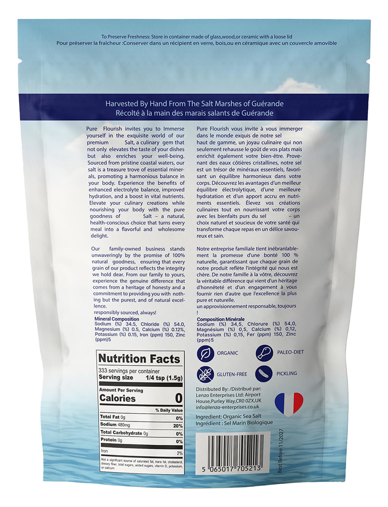 Pure Flourish hand-harvested salt from France shows traditional method and minerals