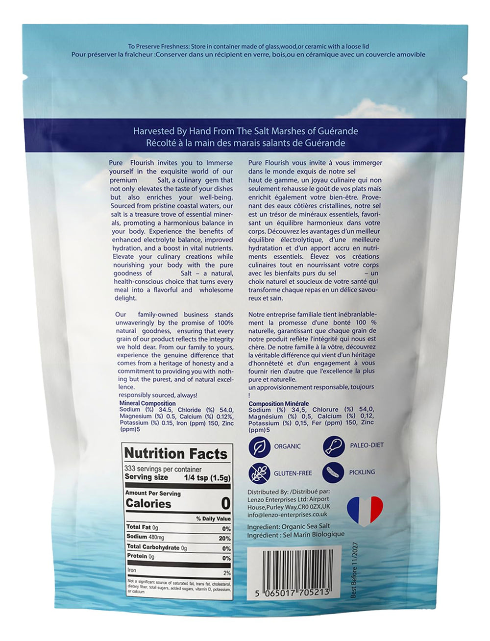 Pure Flourish hand-harvested salt from France shows traditional method and minerals