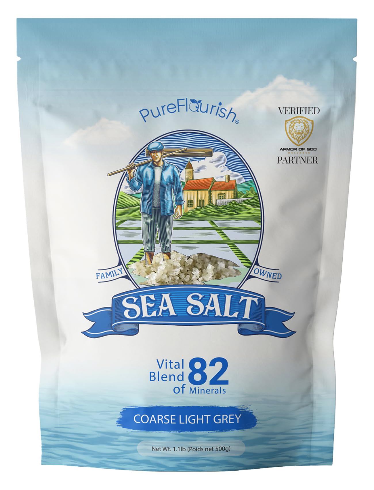 Pure Flourish coarse sea salt packaging — eco-friendly design for mindful cooking